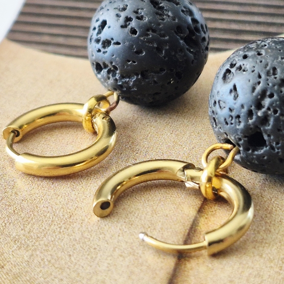 18k Gold Plated Hoop Earrings Black Lava Rock Beads Artisan Made - Picture 5 of 8